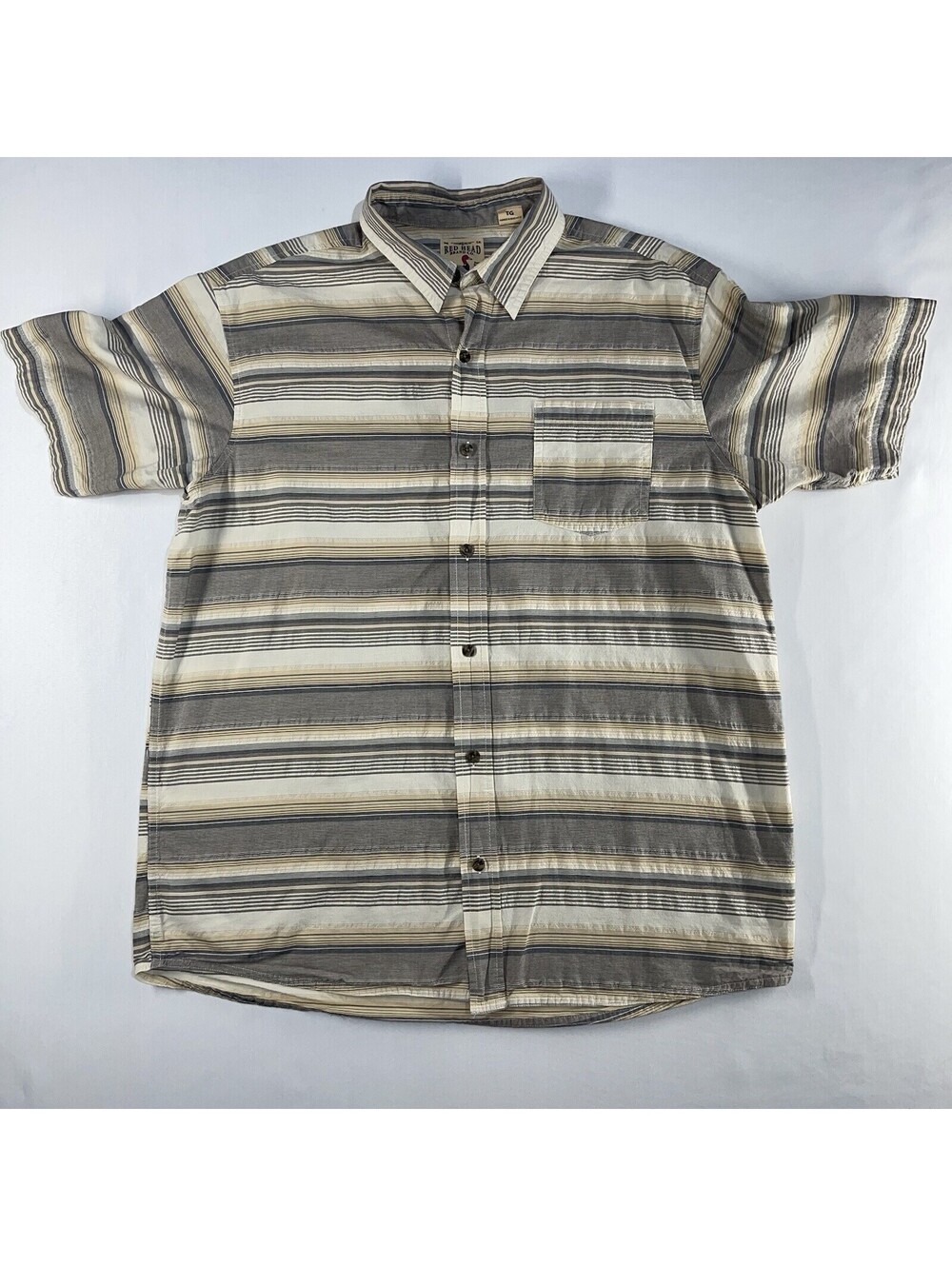 Red Head Short Sleeve Shirt Men's XL Gray/Brown Stripe Button Down Outdoors